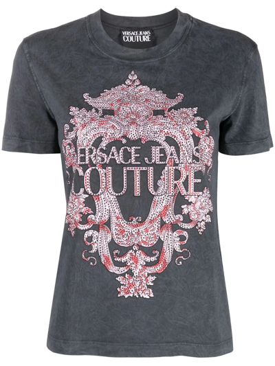 Versace Jeans Couture Embellished Baroque-print T-shirt In Grau