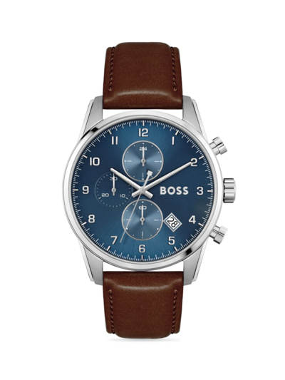 Shop Hugo Boss Men's Skymaster Leather Strap Watch In Blue