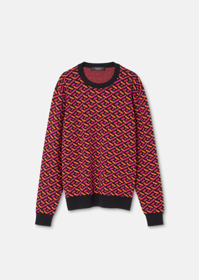 Shop Versace La Greca Jacquard Sweater, Male, Yellow+pink, 54