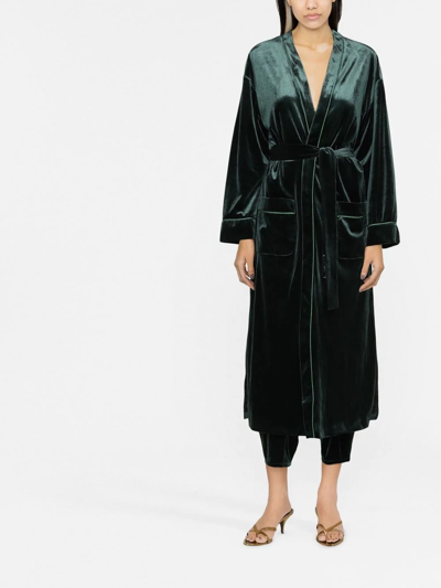Shop Blanca Vita Velvet-effect Tied-waist Coat In Green