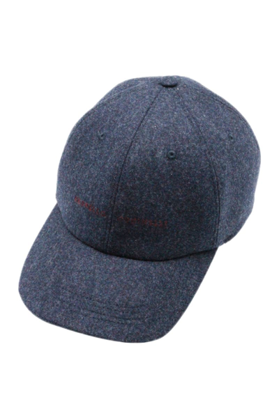 Shop Brunello Cucinelli Baseball Cap With Virgin Wool Visor, Adjustable Rear Leather Closure And Logo Lettering On The Front In Blu