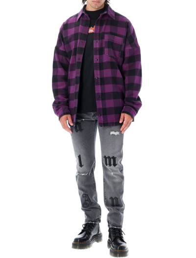 Shop Palm Angels Classic Logo Overshirt In Purple Check
