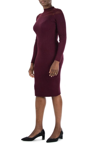 Nina Leonard Sheer Stripe Bodycon Sweater Dress In Deepwine