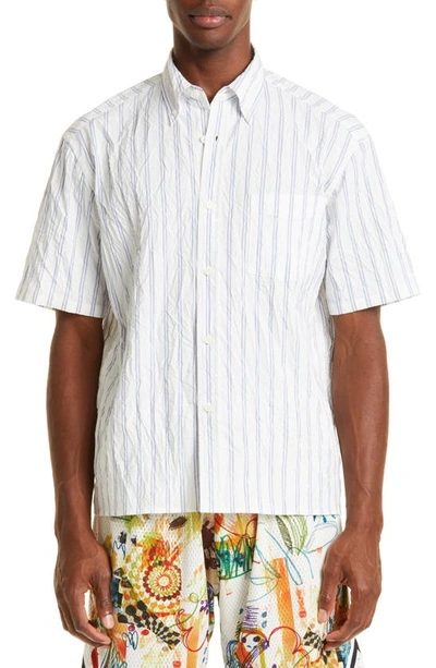 Shop John Elliott Crinkled Stripe Short Sleeve Button-down Shirt In White X Blue