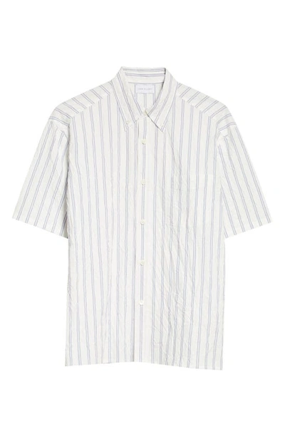 Shop John Elliott Crinkled Stripe Short Sleeve Button-down Shirt In White X Blue