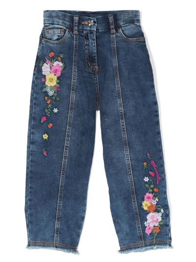 Shop Monnalisa Floral-embroidered Tapered Jeans In Blue