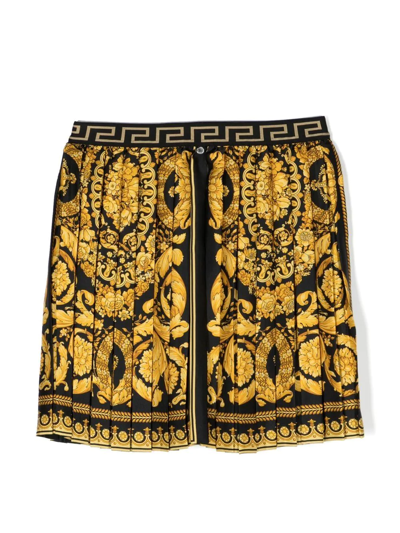 Shop Versace Teen Barocco Print Pleated Skirt In Gold