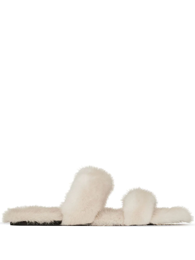 Shop Saint Laurent Faux Fur Slides In 9700 -cream