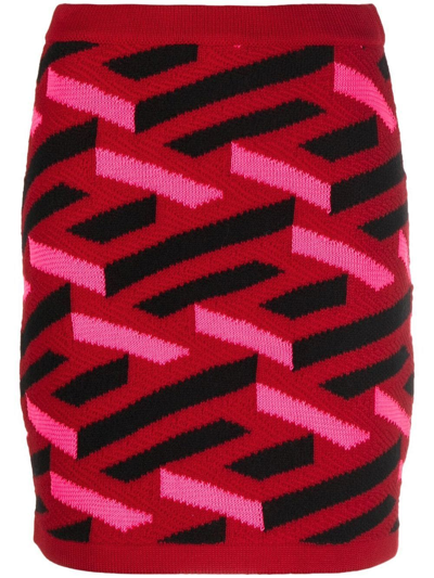 Versace La Greca Motif High Waist Mini Knit Skirt In Red