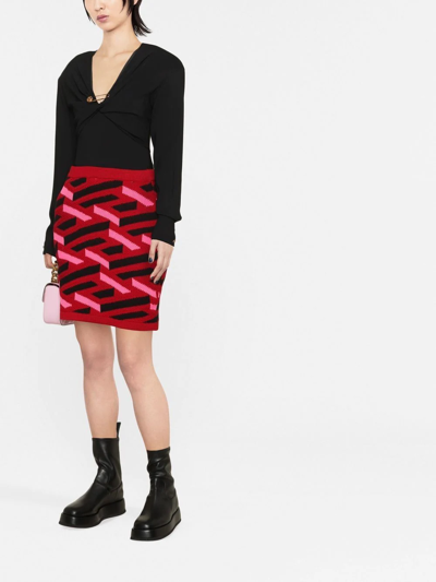 Shop Versace Geometric Intarsia Knitted Skirt In Red