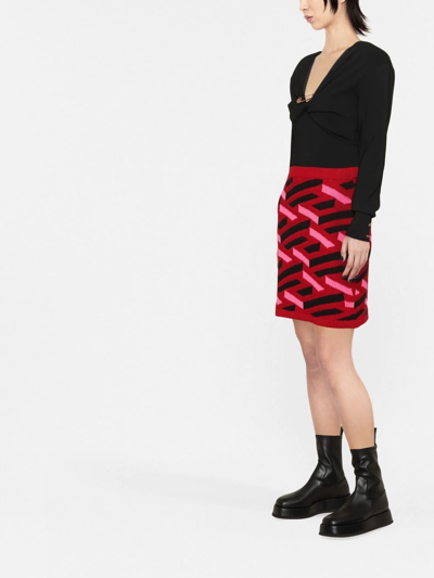 Shop Versace Geometric Intarsia Knitted Skirt In Red