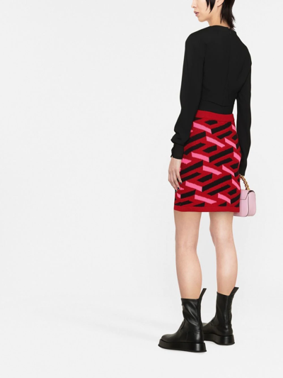 Versace La Greca Motif High Waist Mini Knit Skirt In Red