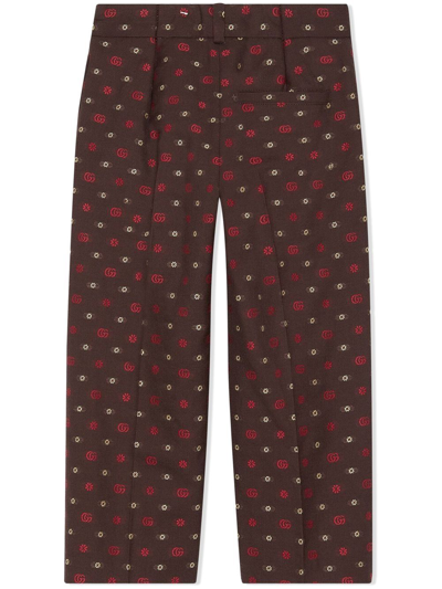 Shop Gucci Double G Jacquard Cotton-wool Trousers In Brown