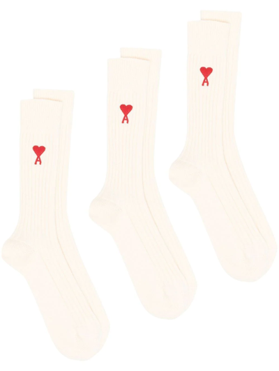 Shop Ami Alexandre Mattiussi Logo-print Ribbed Three-pack Socks In Neutrals