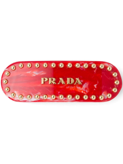 Shop Prada Studded Logo-lettering Hair Clip In Red