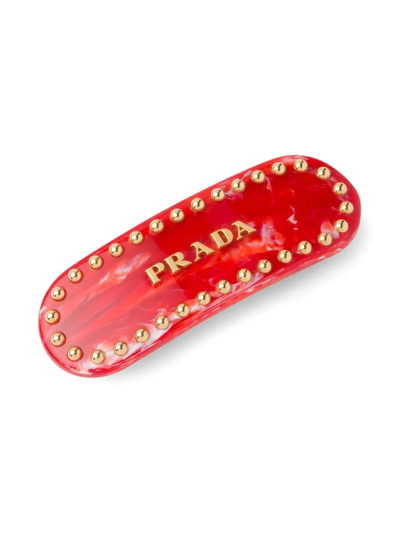 Shop Prada Studded Logo-lettering Hair Clip In Red