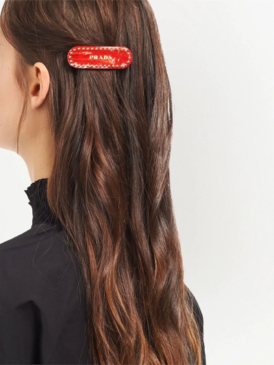 Shop Prada Studded Logo-lettering Hair Clip In Red