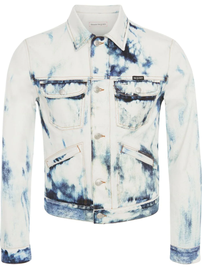 Shop Alexander Mcqueen Bleached-effect Fitted Denim Jacket In Blue