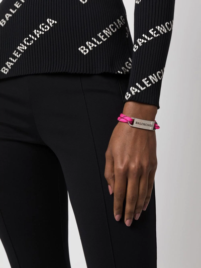 Shop Balenciaga Engraved-plate Rope Bracelet In Pink