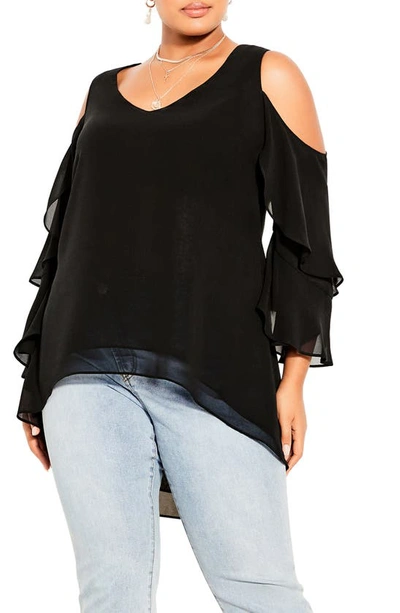 Shop City Chic High-low Cold Shoulder Chiffon Tunic In Black