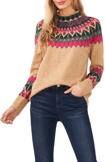 Shop Cece Fair Isle Funnel Neck Sweater In Latte Heather