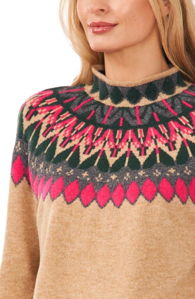 Shop Cece Fair Isle Funnel Neck Sweater In Latte Heather