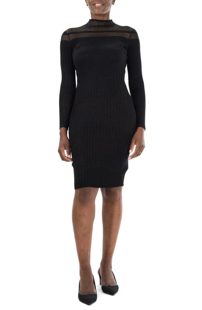 Nina Leonard Sheer Stripe Bodycon Sweater Dress In Black
