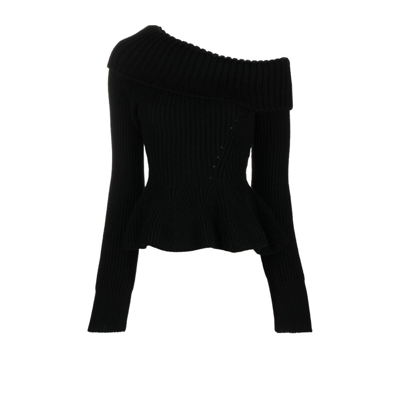 Shop Alexander Mcqueen Black One Shoulder Ribbed Knit Wool Sweater