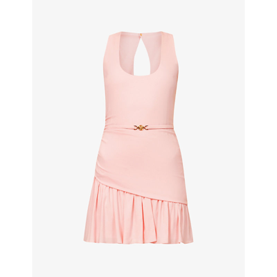 Shop Versace Medusa Belted Knitted Mini Dress In Pale Pink