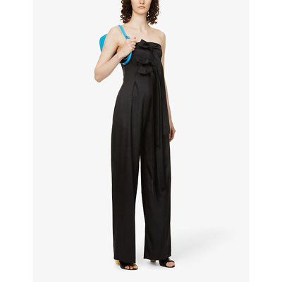 Shop Loewe Self-tie Strapless Wool-blend Jumpsuit In Black