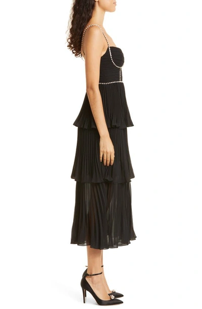 Shop Self-portrait Crystal Embellished Tiered Chiffon Midi Dress In Black