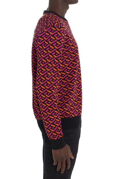Shop Versace Greca Monogram Jacquard Crewneck Wool Blend Sweater In 5r310 Magenta Tangerine