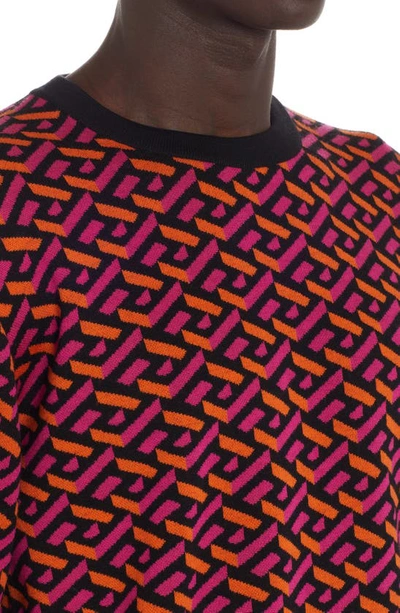 Shop Versace Greca Monogram Jacquard Crewneck Wool Blend Sweater In 5r310 Magenta Tangerine