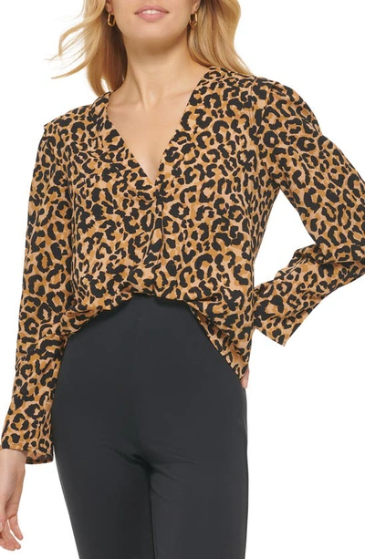 Shop Dkny Print V-neck Blouse In Vicuna Black Multi