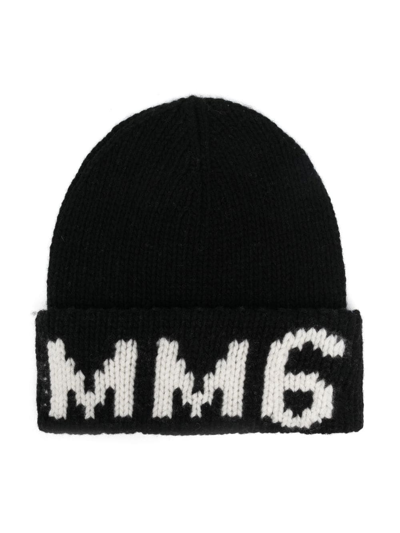 Shop Mm6 Maison Margiela Logo-print Knit Beanie In Black