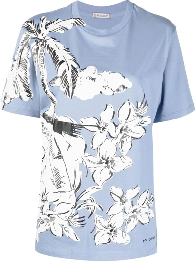 Shop Moncler Illustration-print Cotton T-shirt In Blue