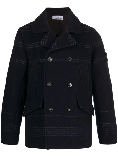 Shop Stone Island Compass Badge Double-breasted Coat In Blue