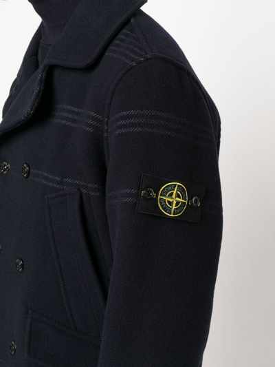 Shop Stone Island Compass Badge Double-breasted Coat In Blue