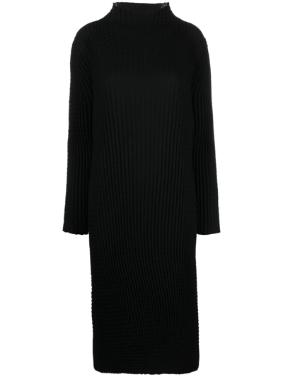 Shop Issey Miyake Plissé-detail Mock-neck Knitted Dress In Black