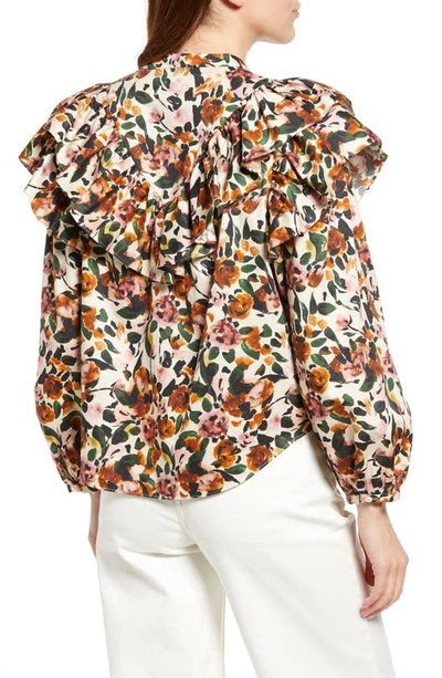 Shop Something Navy Floral Ruffle Button Front Long Sleeve Blouse In Cream Multi