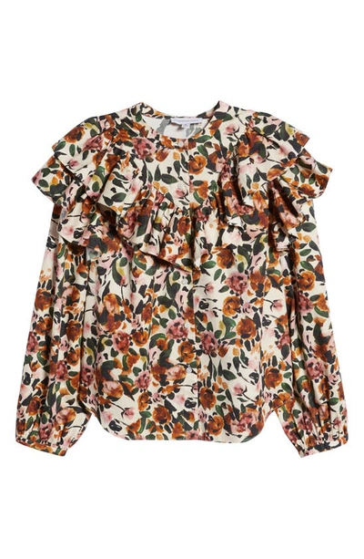 Shop Something Navy Floral Ruffle Button Front Long Sleeve Blouse In Cream Multi