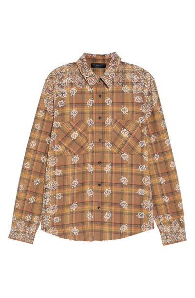 Shop Amiri Bandana Plaid Raw Hem Button-up Shirt In Brown