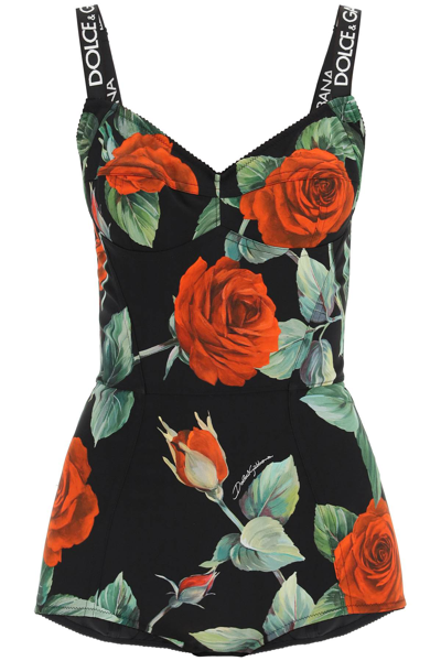 Shop Dolce & Gabbana Red Rose Print Charmeuse Bodysuit In Multicolor