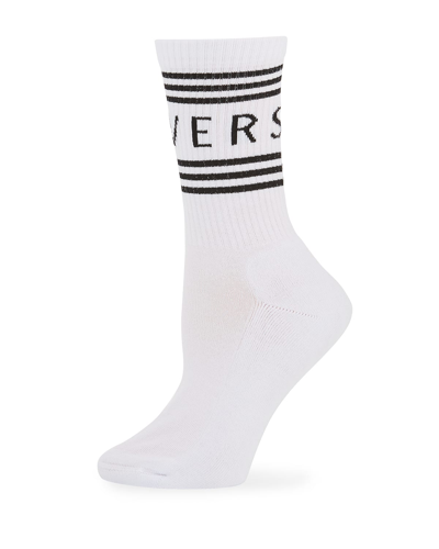 Shop Versace Short Socks W/ Striped Logo Cuff In White / Black