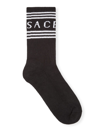 Shop Versace Short Socks W/ Striped Logo Cuff In Black / White