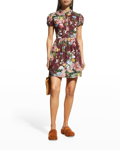 Shop See By Chloé Floral Puffed-sleeve Pleated Mini Dress In Multicolor Red