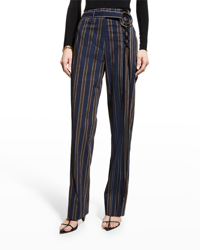 Shop Tory Burch Belted High-rise Striped Pants In Navy Burgundy