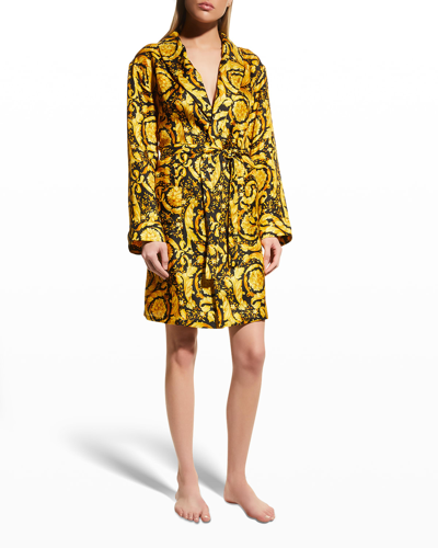 Shop Versace Barocco-print Silk Robe In Black / Gold