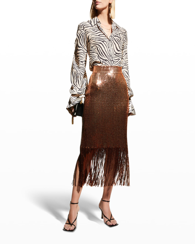 Shop Adriana Iglesias Lana Sequin Fringe Midi Skirt In Orange Degrade