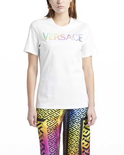 Shop Versace Rainbow Logo Embroidered T-shirt In White / Multi